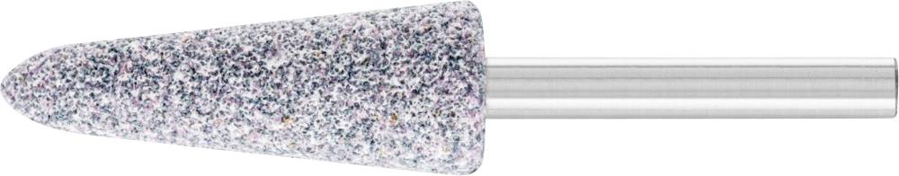 Embout de meulage conique avec granulation grise scintillante et tige argentée, adapté aux travaux de précision sur surfaces métalliques.