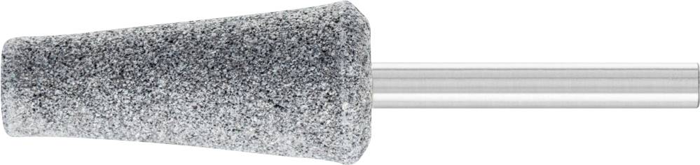 Un disque abrasif gris de forme conique monté sur une tige métallique ; utilisé pour des travaux de meulage précis.