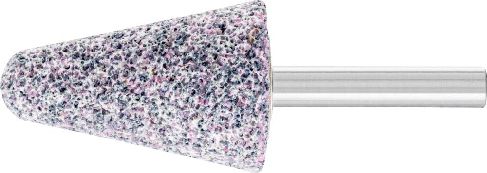 Un embout de meulage conique avec une tête de meulage grise et rose à motif et une tige métallique.