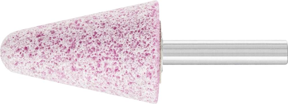 Un stylo abrasif rose à forme conique et tige argentée, couramment utilisé pour le meulage de surfaces métalliques.