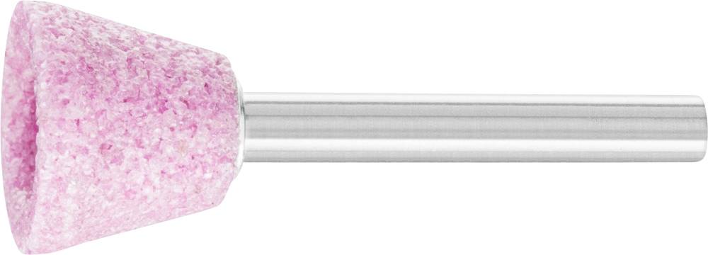 Tête de meulage avec un embout conique rose et un manche argenté, probablement destinée à des travaux de précision ou à la finition de surfaces.