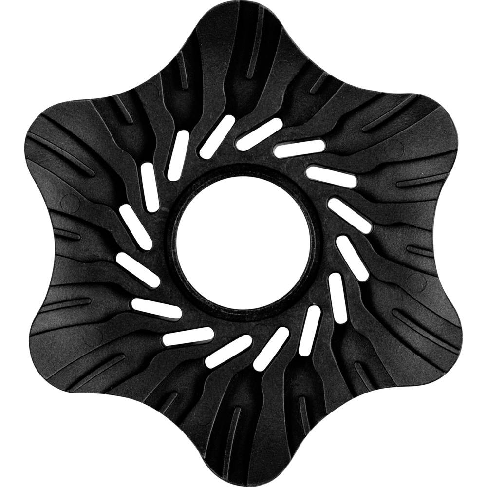 Un objet noir en forme d'étoile avec cinq extrémités arrondies et un trou central qui pourrait servir de point de fixation.