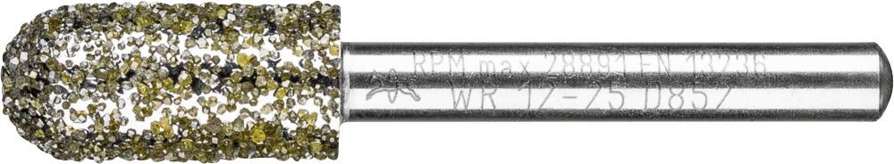 Outil cylindrique à surface rugueuse de couleur or, destiné à l'usinage de matériaux. L'inscription sur la tige est visible.