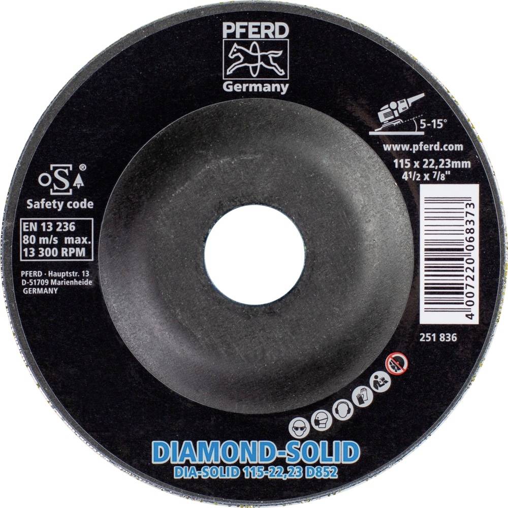 Disque à meuler 'PFERD Germany', 115 mm x 22,23 mm, pour 13 300 tr/min, utilisé pour le traitement haute performance des surfaces métalliques.