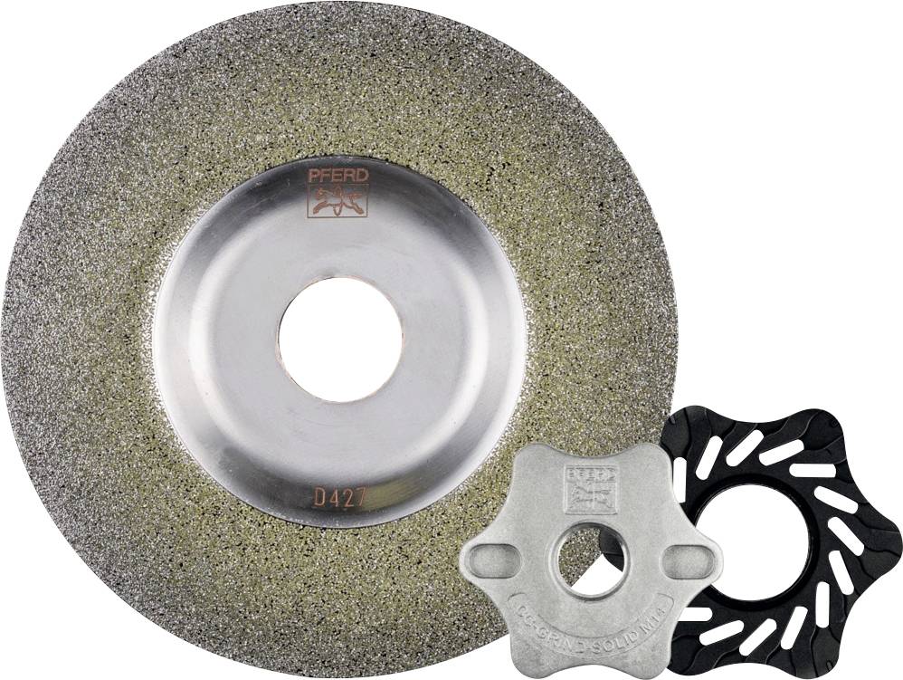 Disque de meulage diamanté 'PFERD', rond, à texture grossière, incluant deux supports, l'un en forme d'étoile, l'autre avec un mécanisme de verrouillage.