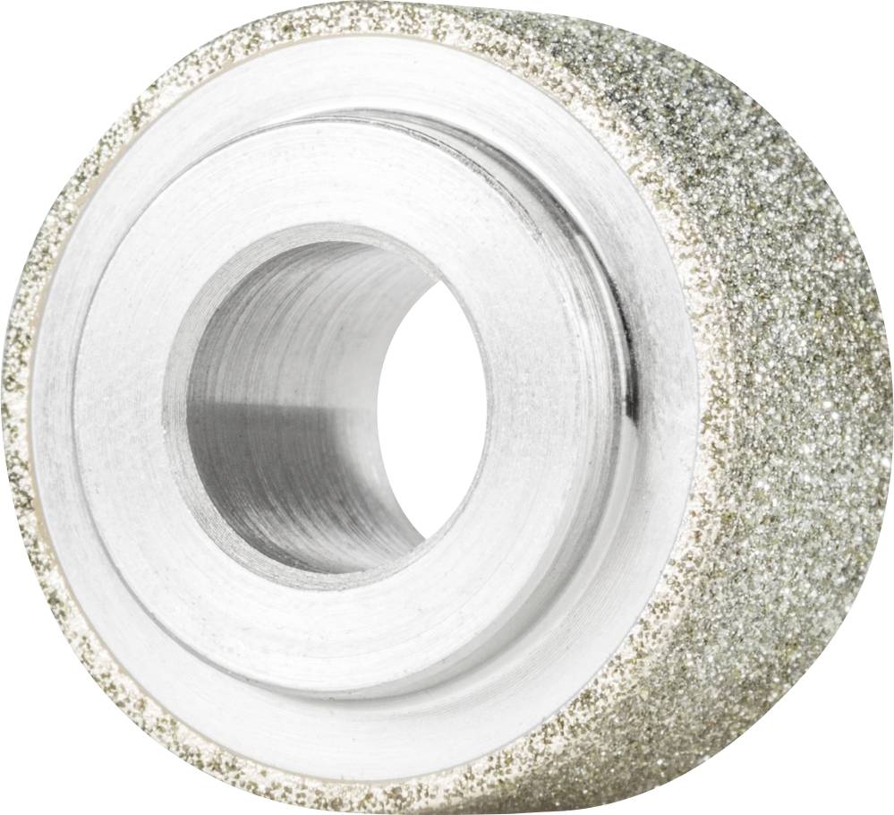 Une roue de meulage circulaire en argent avec une surface scintillante et un trou central, adaptée pour le meulage ou le traitement précis de matériaux.