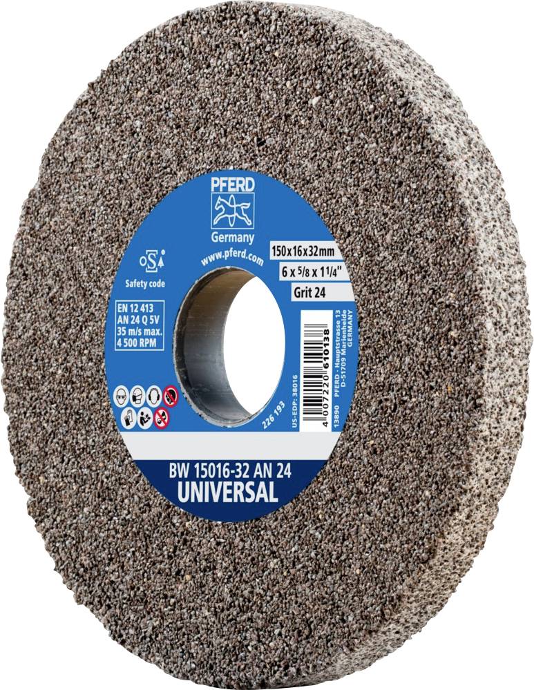 Disque abrasif à étiquette bleue. Marqué 'UNIVERSAL', 'PFERD Germany'. Dimensions 150x16x32mm, grain 24.