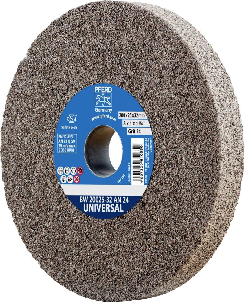 Disque de meulage à étiquette bleue, 'PFERD UNIVERSAL', grain 24, diamètre 200 mm, largeur 25 mm. Adapté à diverses applications.