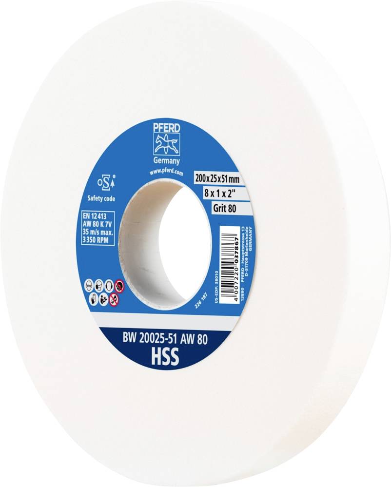 Une meule blanche avec une étiquette bleue, portant l'inscription 'HSS BW 20025-51 AW 80'. Diamètre : 200 mm, largeur : 25 mm.