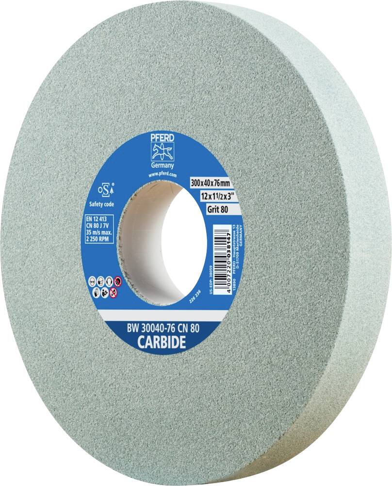 Une meule à meuler avec une étiquette bleue, portant l'inscription : 'CARBIDE', dimensions : 300x40x76 mm, grain : 80. Fabriqué en Allemagne.