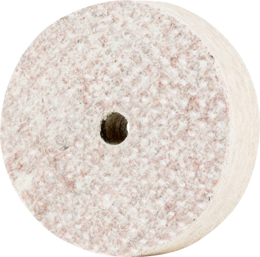 Une pierre à aiguiser ronde de couleur rose, avec un trou au centre, utilisée pour polir ou affûter des outils.