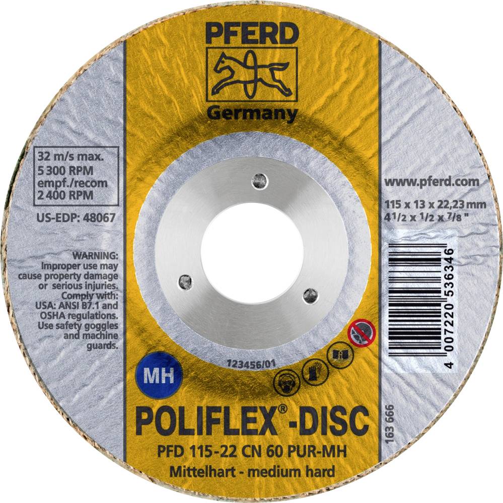 Disque abrasif 'POLIFLEX-DISC', PFD 115-22 CN 60 PUR-MH, max. 5300 tr/min. Avertissement : Une utilisation incorrecte peut causer des blessures.