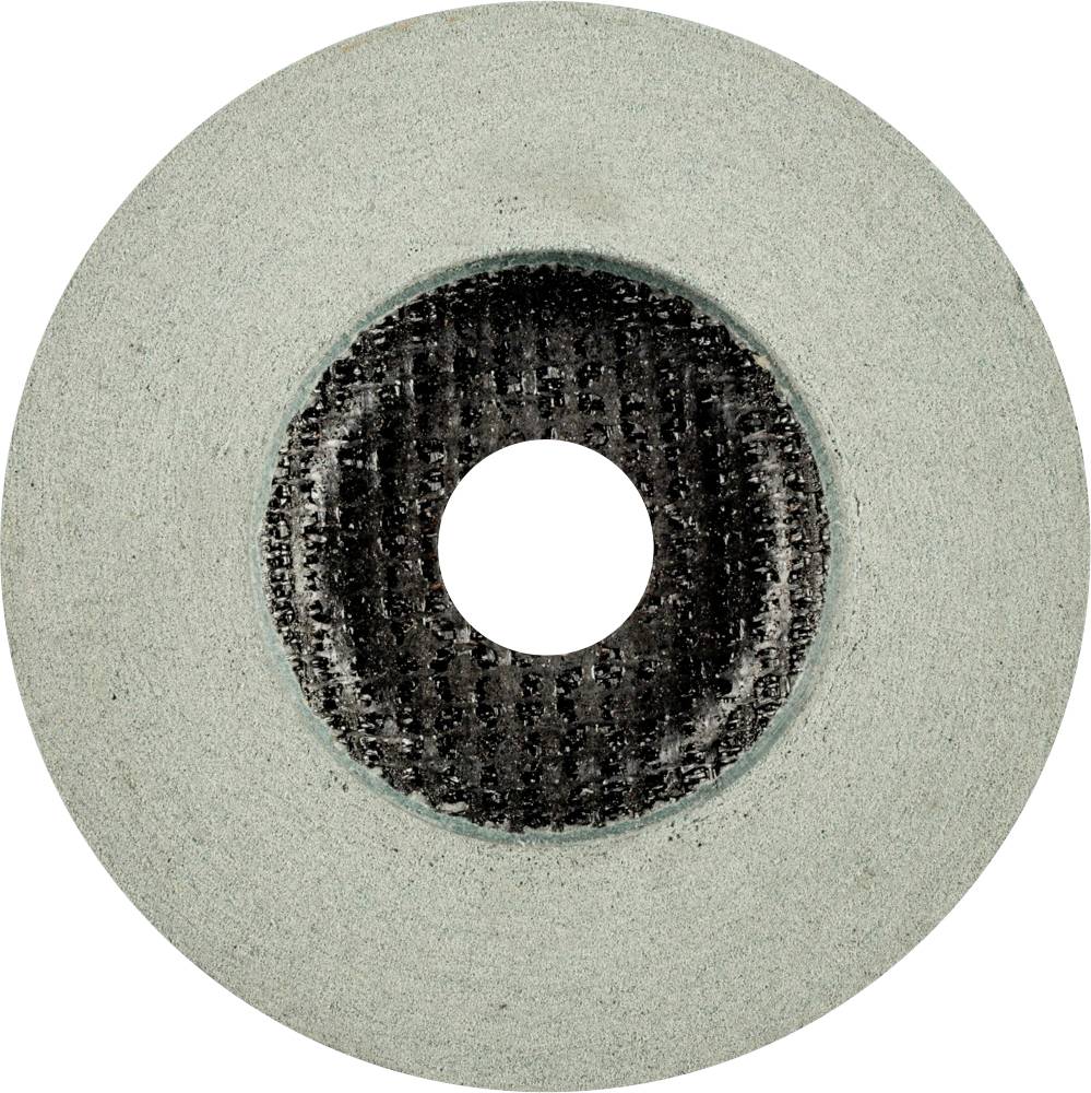 Disque abrasif avec un trou central et une surface rugueuse et granulée. Il a un côté extérieur vert et un côté intérieur plus foncé.
