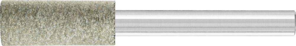 Une meule cylindrique à surface grise et rugueuse, montée sur un manche en métal lisse et argenté.