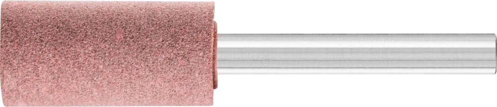 Cylindre de meulage avec surface abrasive rose et tige argentée, utilisé pour le meulage précis ou le polissage dans les travaux artisanaux.