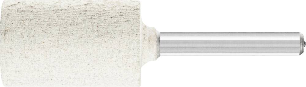 Rouleau de meulage avec tige métallique ; forme cylindrique, surface beige. Outil de traitement des surfaces, couramment utilisé dans les métiers artisanaux.