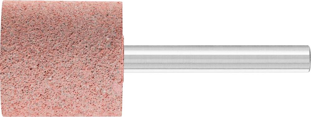 Tête de meulage cylindrique en matériau abrasif rose avec tige métallique argentée. Utilisée pour les travaux de polissage et de meulage.