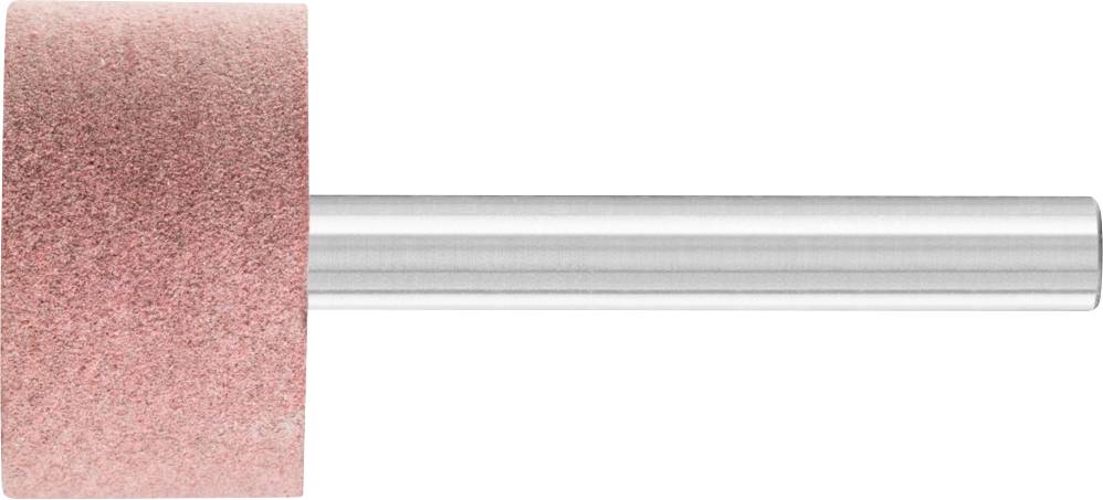 Meule rose de forme cylindrique avec poignée en métal argenté, utilisée pour le meulage ou le polissage précis de matériaux.