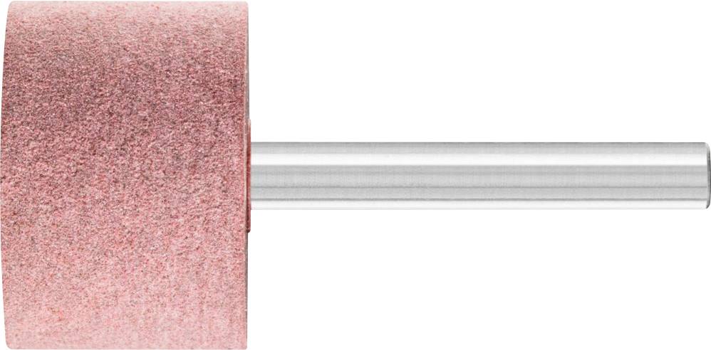 Une meule abrasive rose de forme cylindrique, fixée sur une tige métallique, est utilisée pour le traitement de surface.