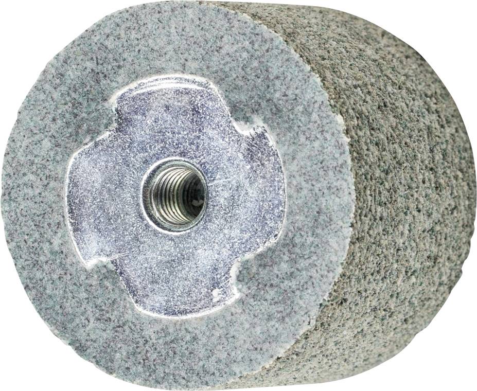 Disque abrasif avec trou central métallique, surface rugueuse. Utilisé pour le meulage de matériaux, de forme cylindrique.