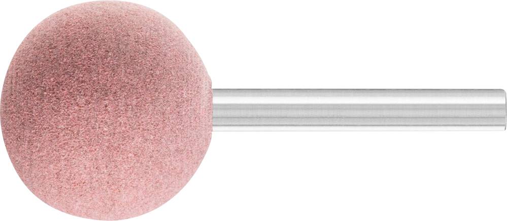 Boule abrasive ronde rose avec tige métallique, souvent utilisée pour polir ou poncer des surfaces.