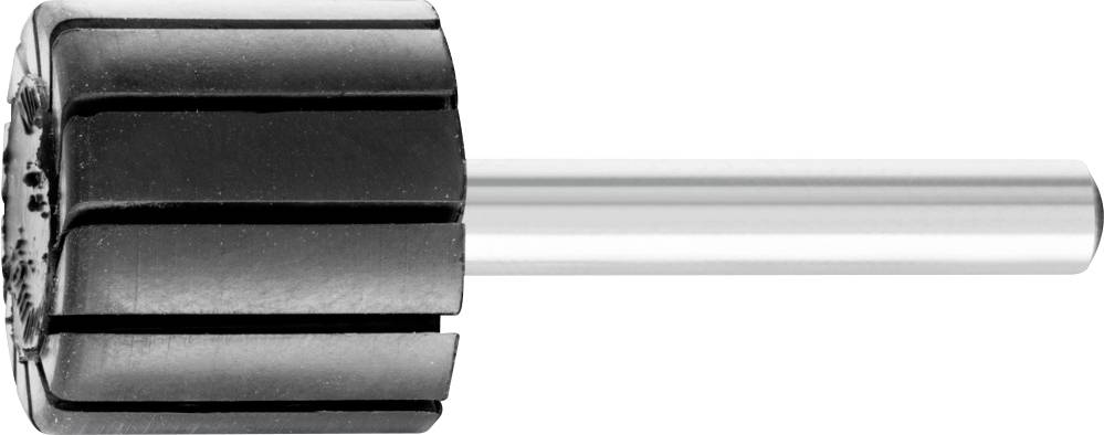Outil de meulage à tige cylindrique et lamelles radiales, adapté aux travaux de finition et à l'enlèvement de matière sur des surfaces métalliques ou en bois.