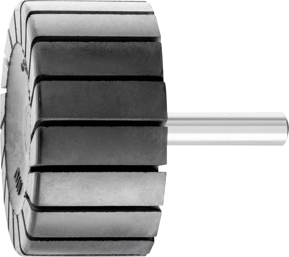 Un meuleur à rouleaux en caoutchouc noir avec des axes en acier, représenté de côté. Adapté pour le polissage et le meulage de surfaces métalliques.