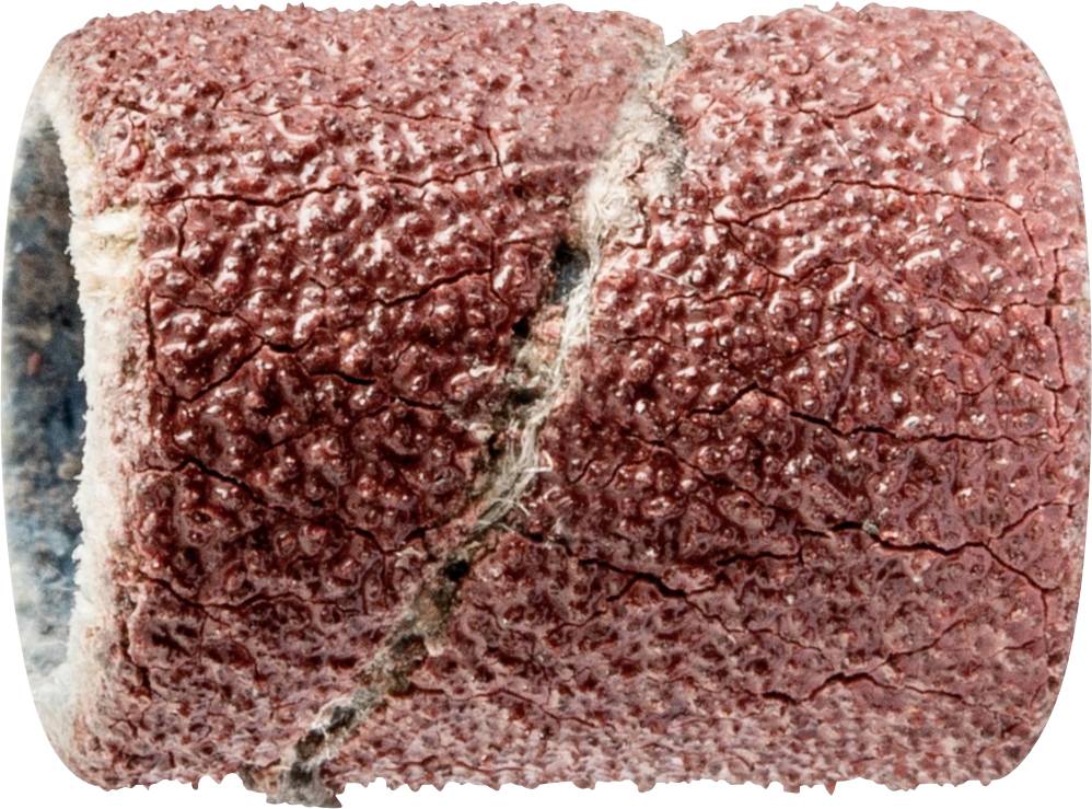 Un cylindre d'abrasion usé, de couleur rouge-brun, avec des fissures visibles, met en valeur sa texture rugueuse, probablement utilisé pour des travaux de ponçage.