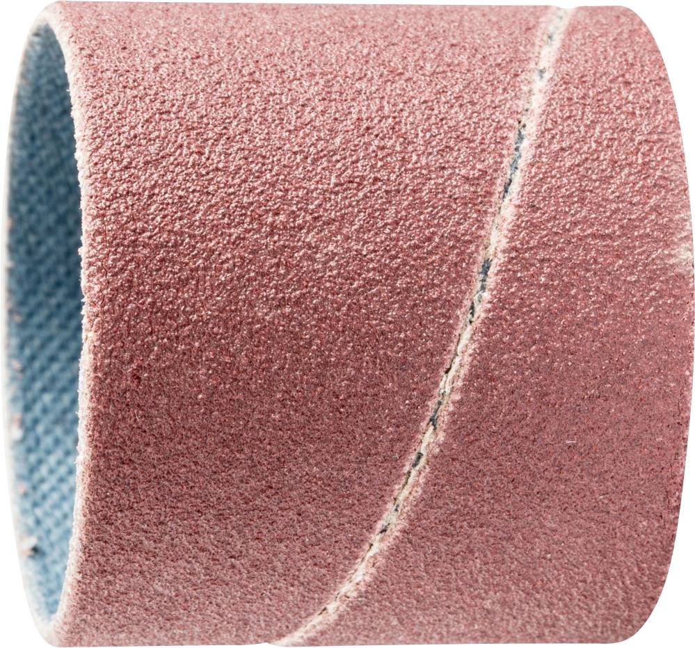 Un ruban abrasif rouge, enroulé cylindriquement, avec une surface rugueuse pour les travaux de ponçage, sur un fond neutre.