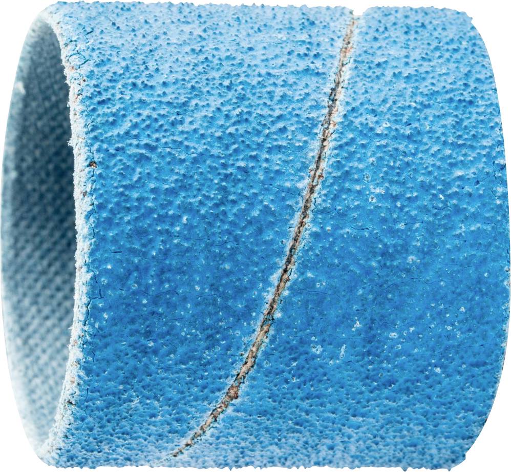 Anneau de bande abrasive bleu avec une structure grossière, vu de côté.