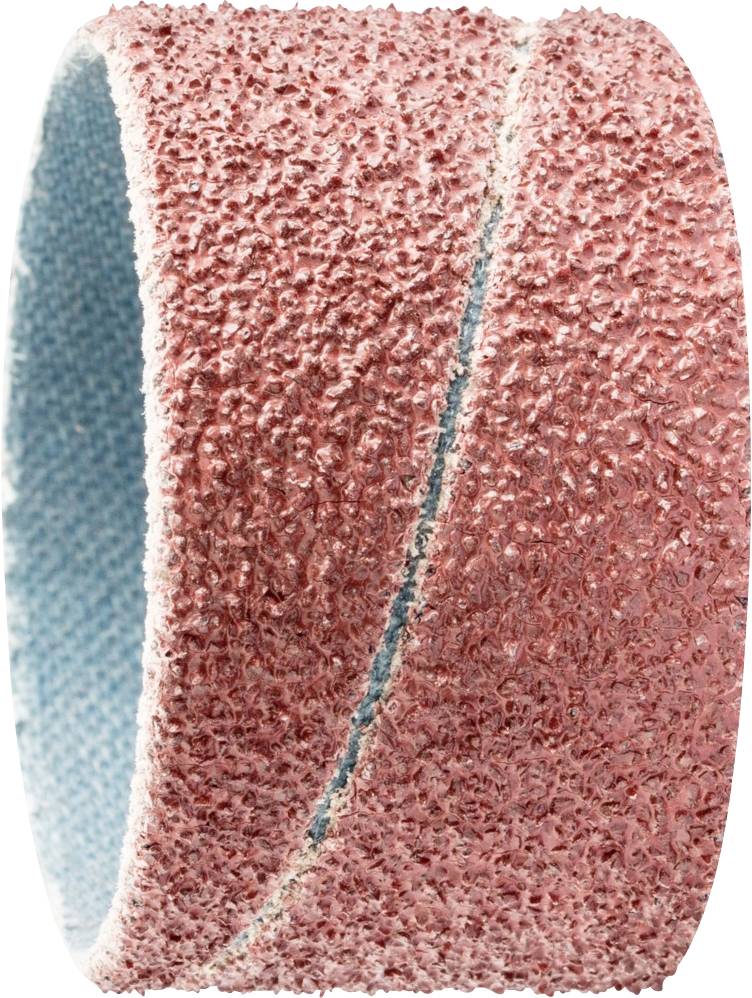 L'image montre une bande abrasive en gros plan, composée d'un matériau abrasif grossier de couleur rose, utilisée pour le ponçage.