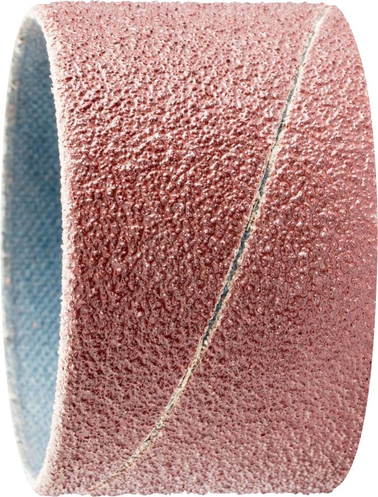 Une bande abrasive grossière, cylindrique, avec une couche extérieure rouge et un intérieur bleu. Utilisée pour le ponçage de surfaces.