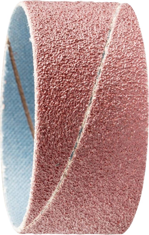 Une bande abrasive à grain rouge et à l'intérieur bleu, courbée en forme d'anneau.