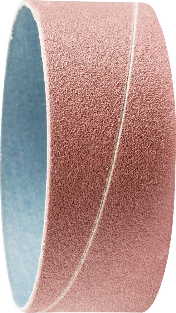 Bande abrasive de couleur rouge avec doublure intérieure bleue ; utilisée pour poncer des surfaces.