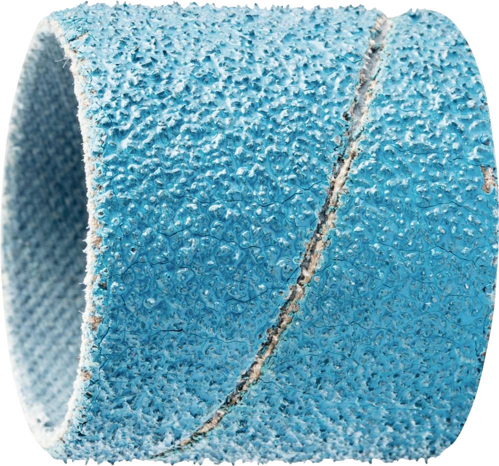 Bande abrasive bleue à surface rugueuse, utilisée pour les machines à poncer afin de lisser ou de façonner des matériaux.