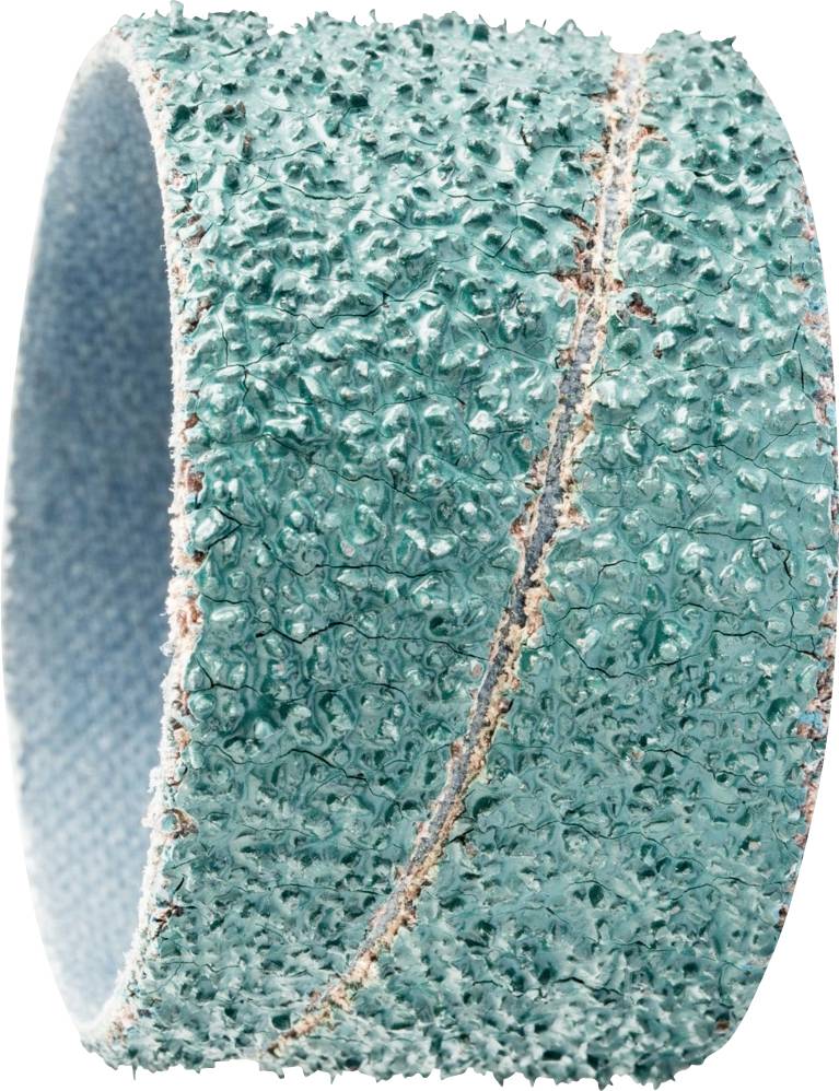 Un anneau de bande abrasive bleu-vert, fortement texturé pour un ponçage efficace, sur un fond neutre.