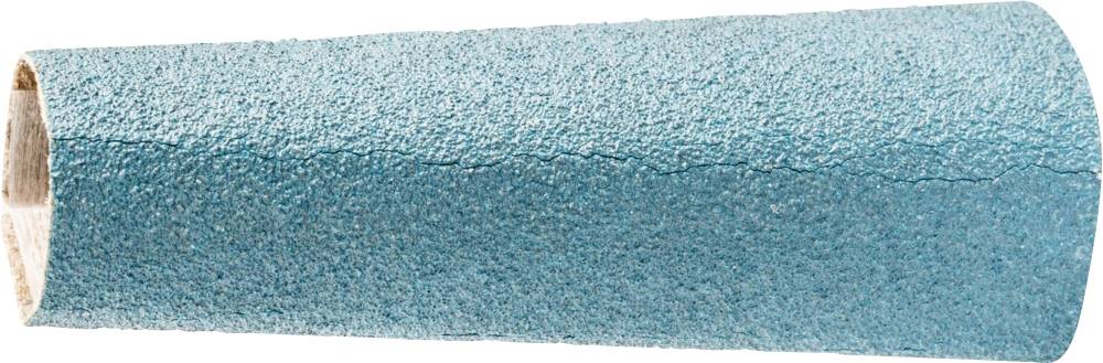 Un papier de verre bleu à grain grossier, roulé en forme de cône, est posé sur une surface blanche.