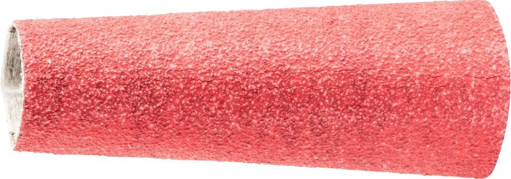 Une éponge à récurer rouge, de forme cylindrique, avec une surface rugueuse et granuleuse. Utilisée pour le ponçage de surfaces.