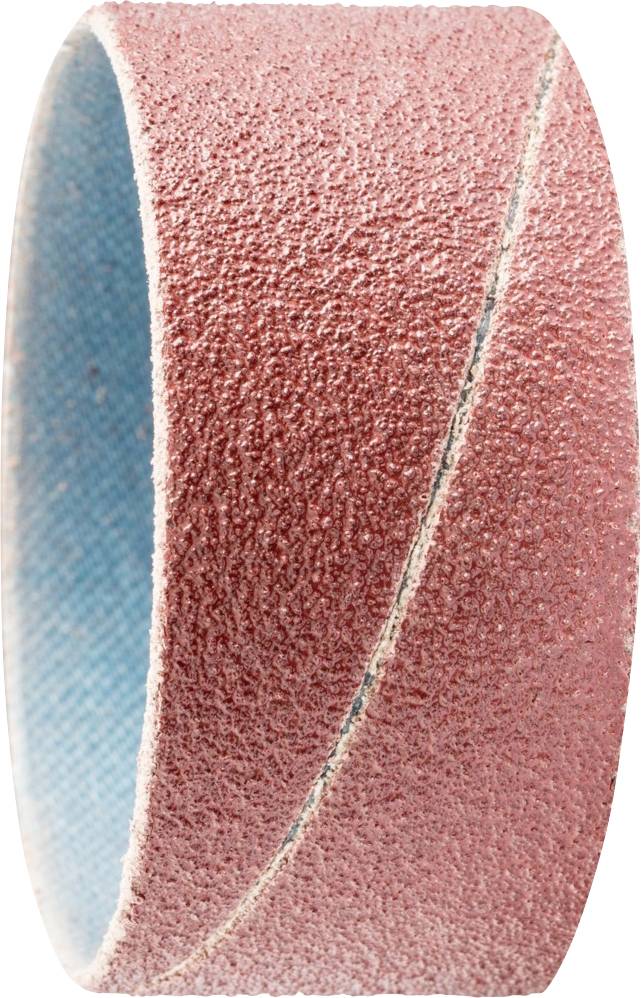 Gros plan d'un ruban abrasif rouge et bleu à surface rugueuse, utilisé pour les machines à poncer dans le travail du bois ou des métaux.