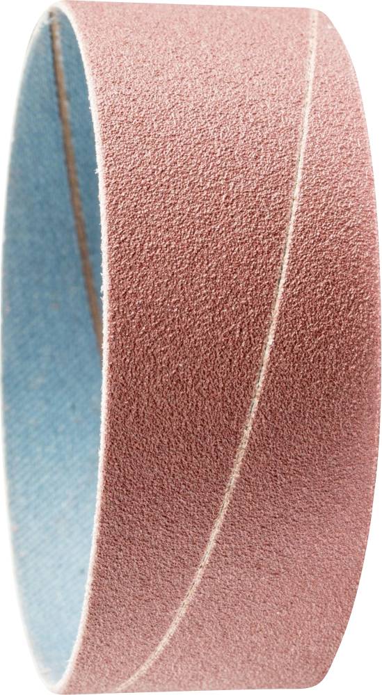Une bande abrasive de couleur rouge et bleue, fermée en boucle, généralement utilisée pour le ponçage de surfaces.