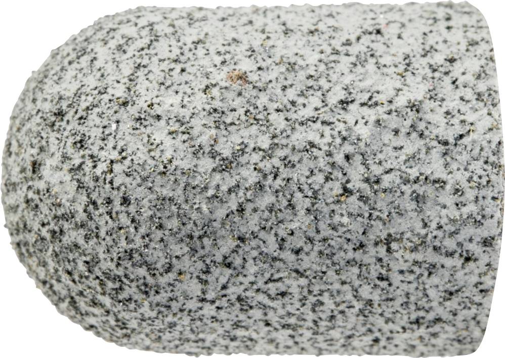 Embout de ponçage cylindrique gris en matériau rugueux, vue latérale, dans une forme typique d'ongle. Adapté pour les soins des ongles.