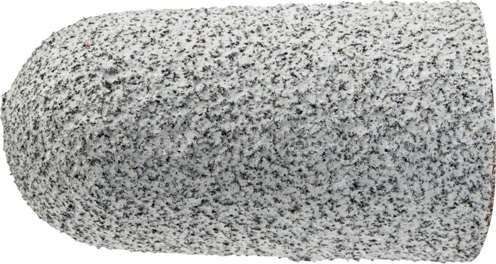 Une meule cylindrique à surface rugueuse, dans des tons de gris et de noir, repose horizontalement avec un bout arrondi.