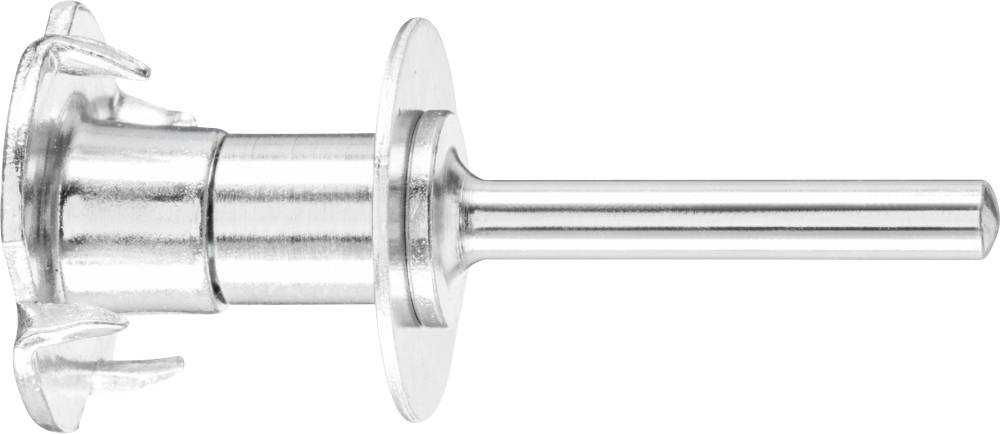 Goujon métallique à tige cylindrique et tête plate, avec des nervures latérales au design sculptural, sur fond blanc.