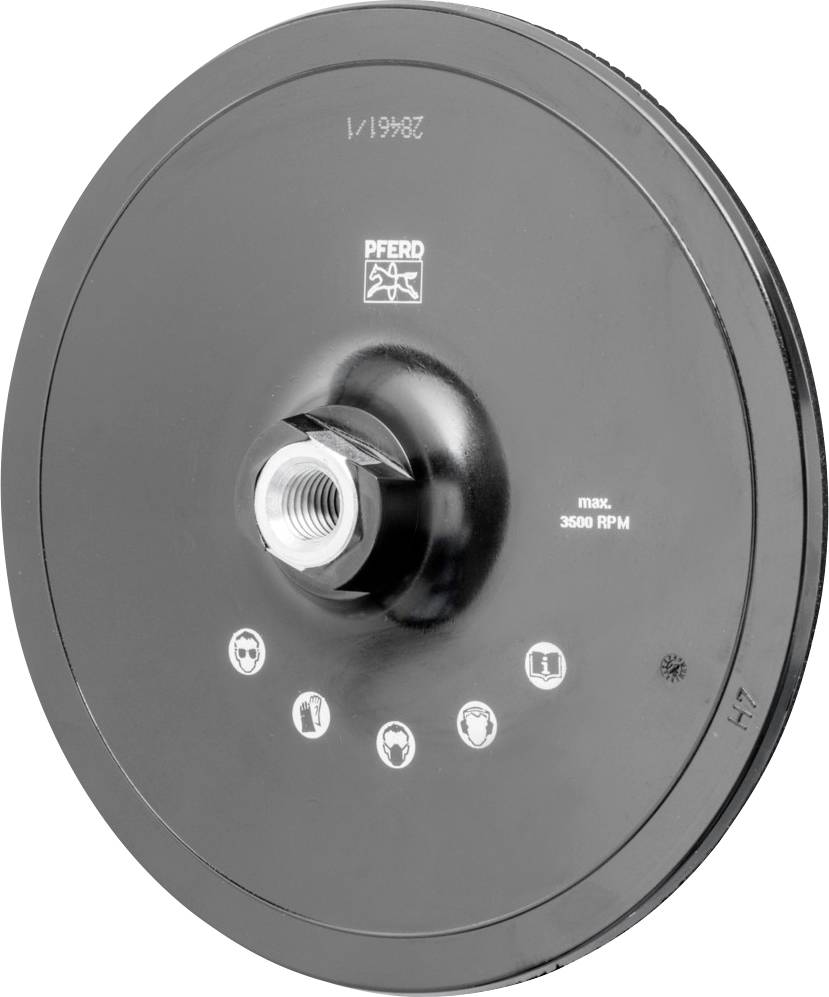 Disque de meulage noir avec logo, vitesse de rotation maximale de 3500 tr/min, trou de fixation central, symboles de protection illustrés ci-dessous.