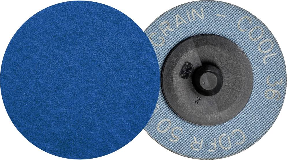Deux disques de meulage bleus, l'un à surface lisse, l'autre montrant l'envers avec étiquetage et élément de fixation.