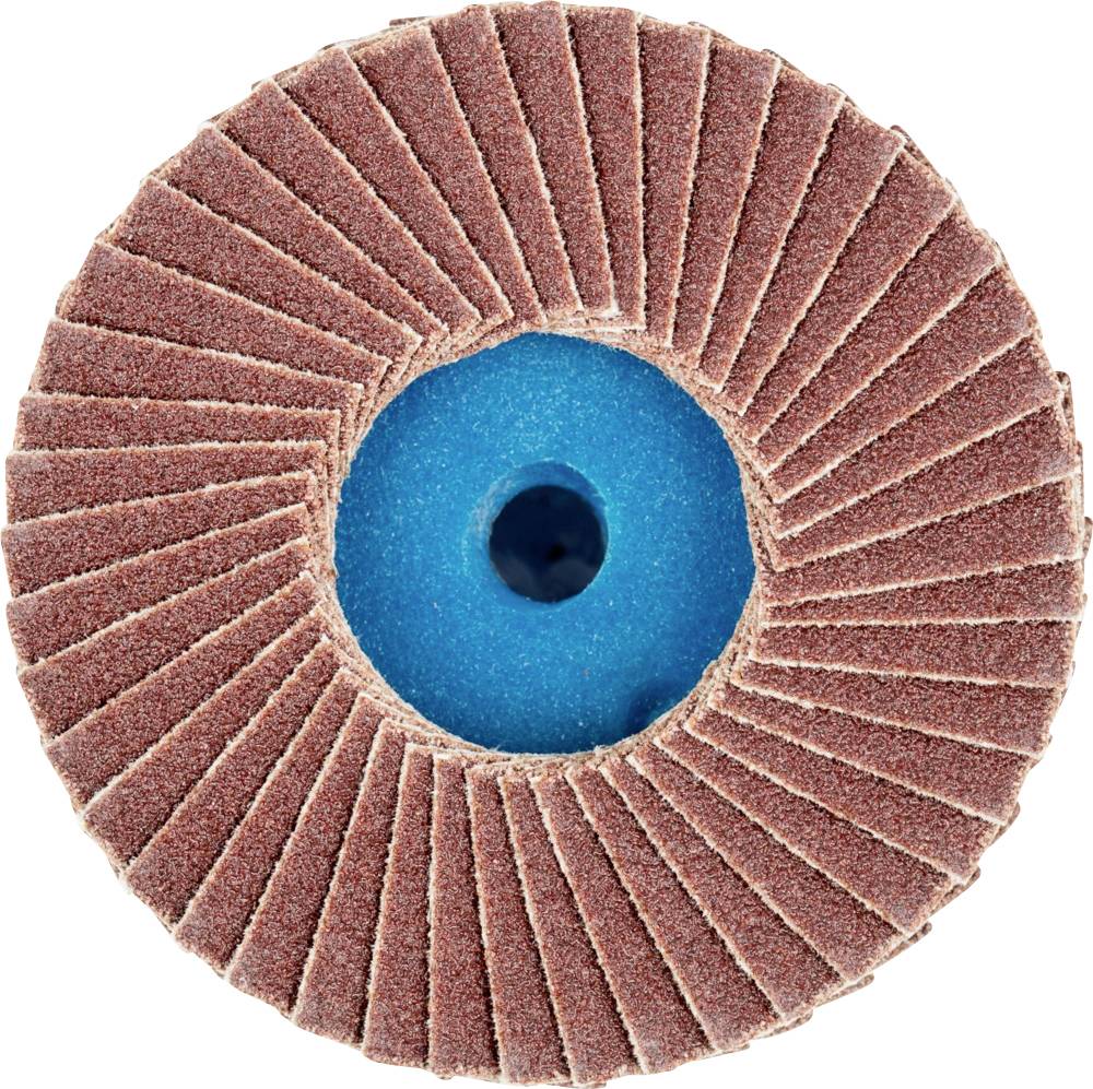 Disque de meulage composé de nombreuses feuilles superposées, avec un matériau abrasif rouge à l'extérieur et un noyau bleu, adapté pour l'usinage des métaux.