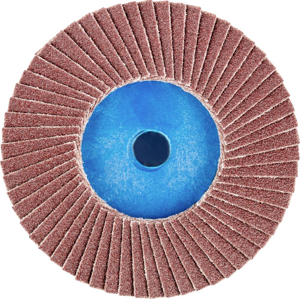 Disque de meulage avec des lamelles abrasives disposées radialement et une partie centrale bleue. Utilisé pour lisser et arrondir les surfaces.