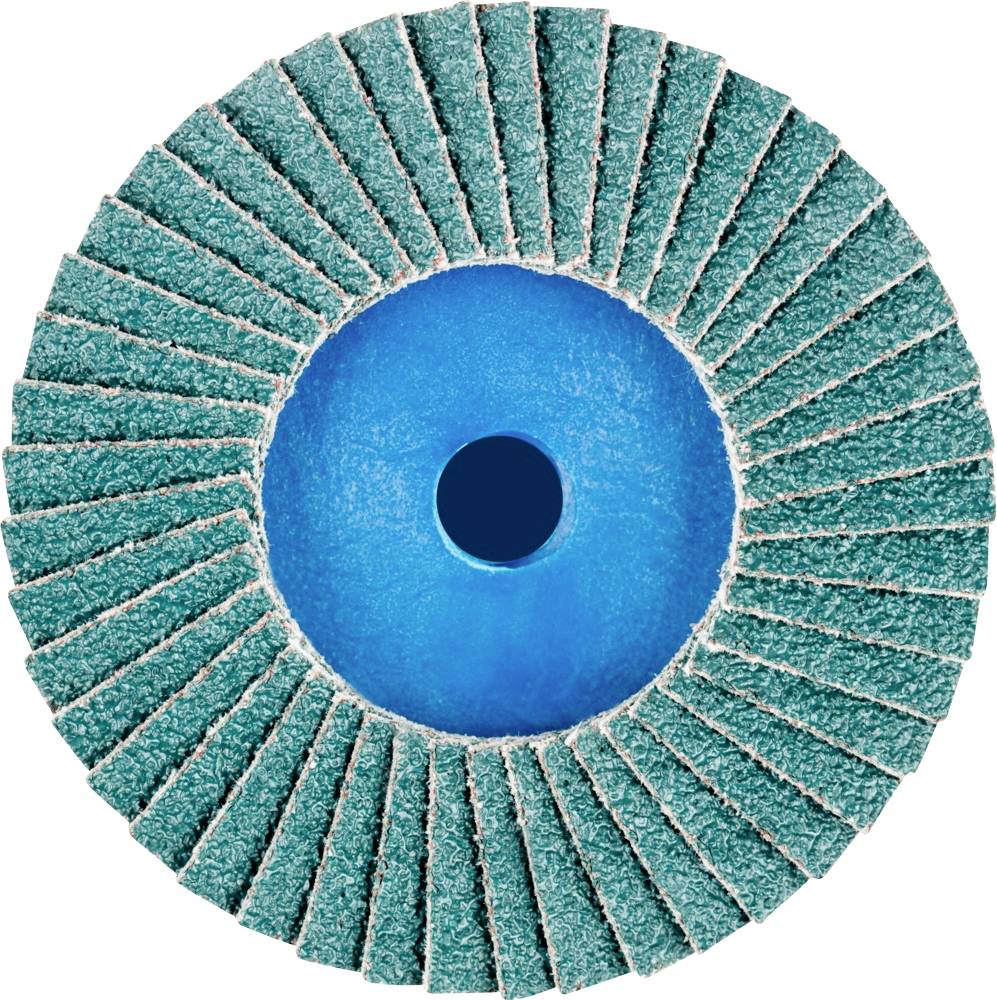 Une meule circulaire avec des lamelles vert-bleu, disposées de manière concentrique, sur un fond bleu. Principalement utilisée pour le traitement de surface.