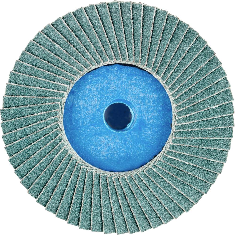 Disque abrasif de forme circulaire avec des lamelles bleues disposées autour d'un centre. Utilisé pour les travaux de ponçage sur métal ou bois.