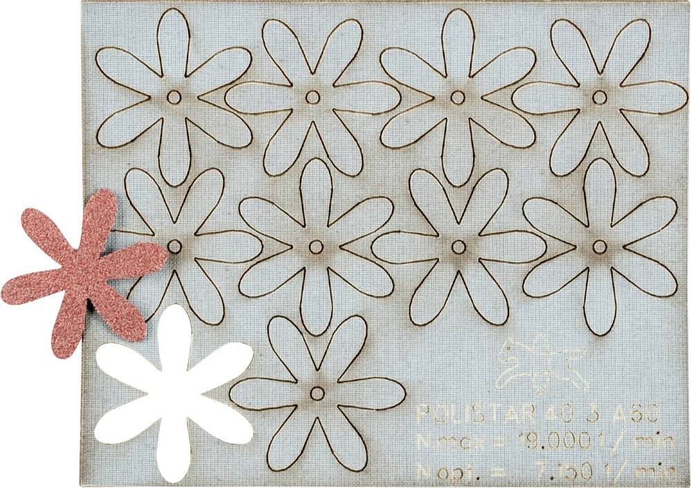 Plaque métallique avec des formes de fleurs découpées ; une fleur rouge et une fleur blanche sont détachées. Texte : 'POLISTAR 46 3 A50' avec des indications techniques.